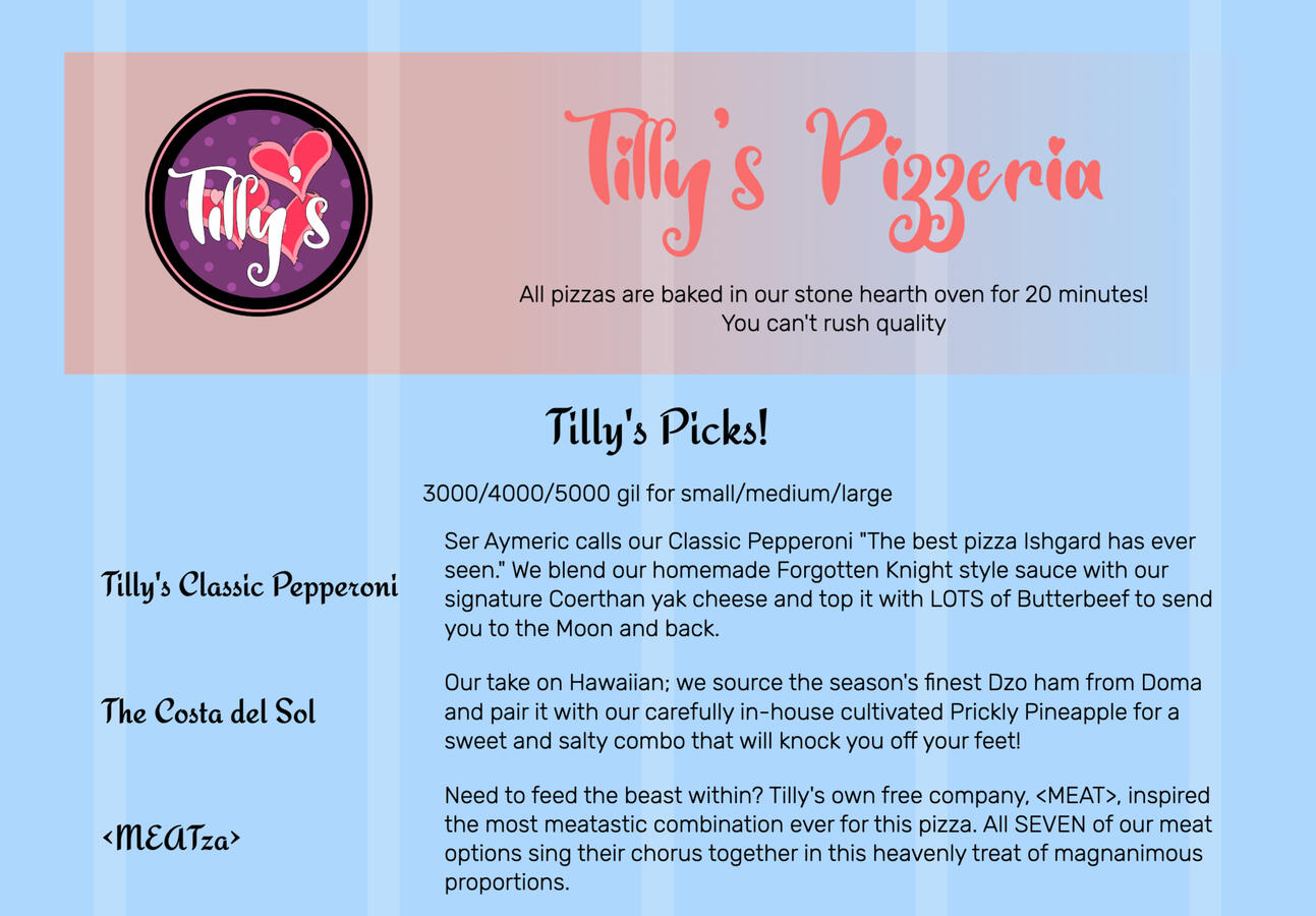 Tilly's Pizzeria Menu